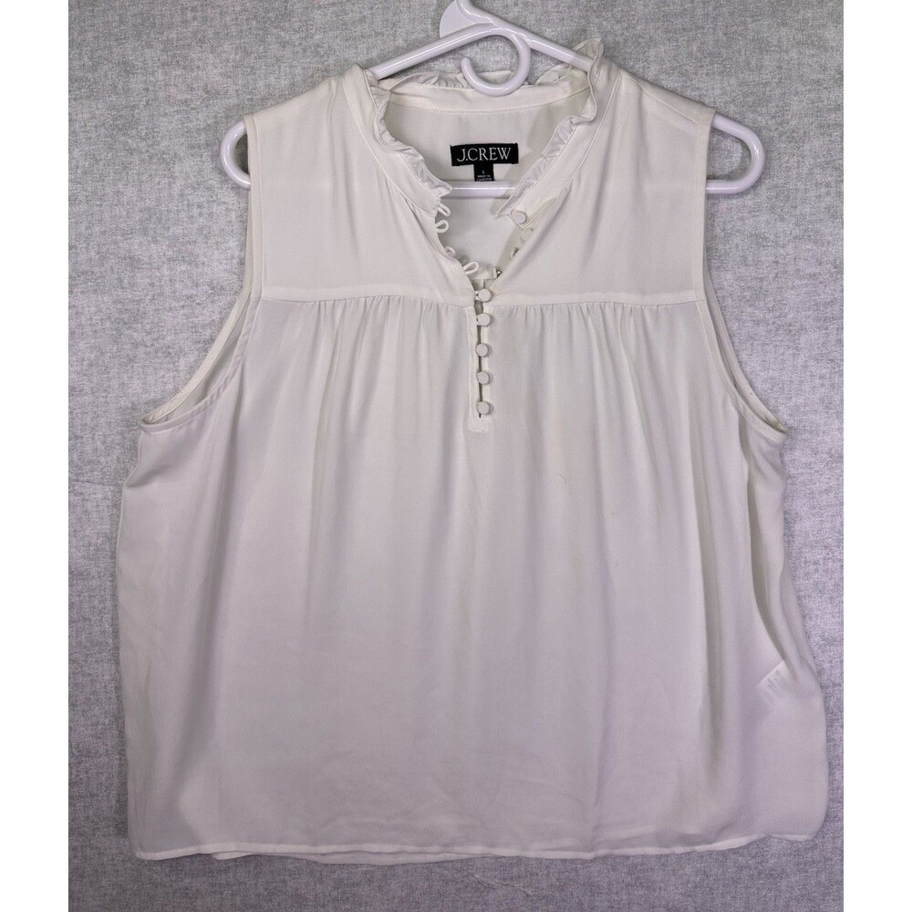 J Crew Women’s Ivory Sleeveless Top Size Large Work Career Button Ruffle Neck
